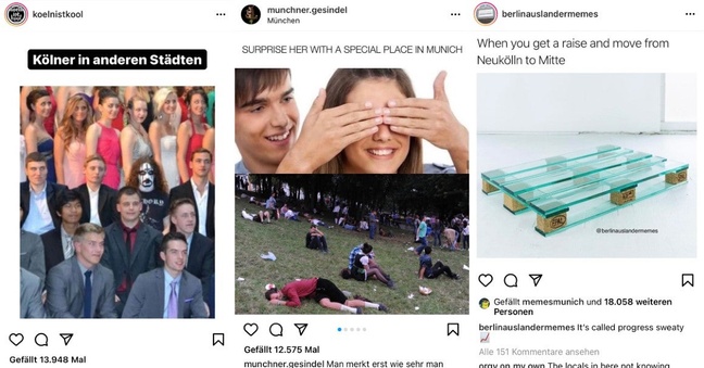 Lokalpatriotismus trifft Internetkultur: Die Betreiber:innnen von Meme-Seiten wie koelnistkool, Münchner Gesindel und Berlin Ausländer Memes persiflieren lokale Besonderheiten