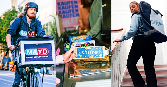 Die Top 3 der deutschen Startup-Marken (laut Jung von Matt) in einem Bild: (von links nach rechts) der Schnelllieferdienst Mayd, die Konsumgütermarke Shared und der Schnelllieferdienst Arive