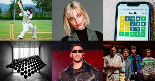 Von links oben im Uhrzeigersinn: Cricket, Emma Chamberlain, Wordle, die Band Glass Animals, Reggaeton-Sänger Bad Bunny und die Ausstellung "Dark Matter" – sie alle stehen im Zusammenhang mit einigen der erfolgreichsten Inhalte im Netz im Jahr 2022