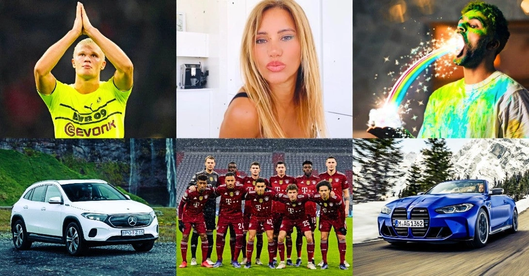 Das sind die Betreiber:innen einiger der wachsstumsstärksten Instagram Accounts des vergangenen Jahres: (von links oben im Uhrzeigersinn) Erling Haaland, Nuran Ceri, Younes Zarou, BMW, der FC Bayern und Mercedes-Benz