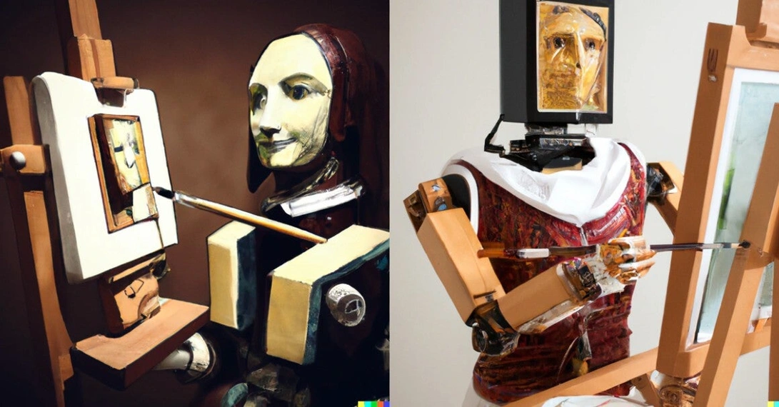 Diese Bilder erzeugt Dall-E, wenn man ein Bild von einem Roboter möchte, der ein Selbstporträt im Stil von Leonardo da Vinci malt. Screenshot: Dall-E