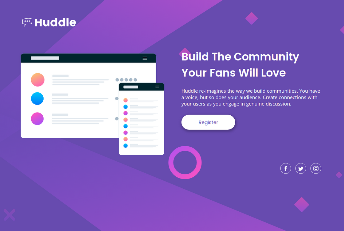 Huddle landing page with a single introductory section