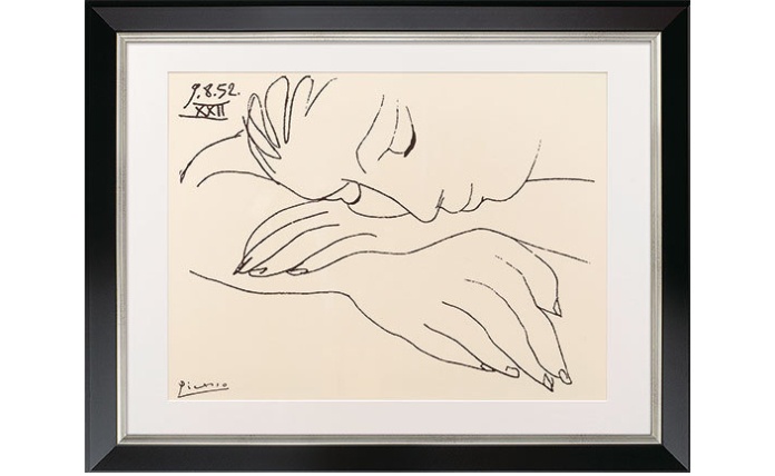 Product afbeelding: Pablo Picasso: Tekening 'Oorlog en vrede - Slapende vrouw' (1952), zwart-zilver ingelijst