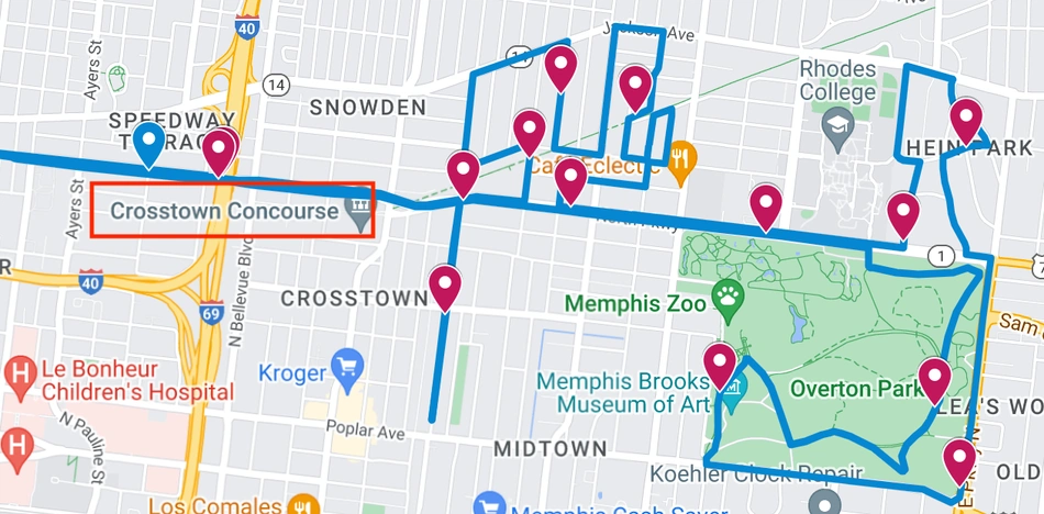 Screenshot of Google Maps modified to indicate the St. Jude marathon path 