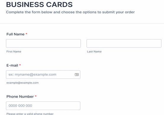 Order Form for Business Cards