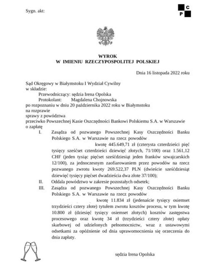 Radca prawny Białystok:  Kolejna wygrana sprawa frankowa