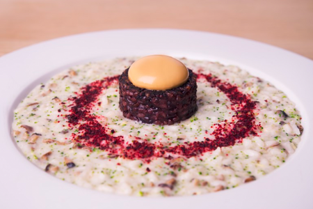 A bowl of miso risotto with a vegan egg yolk and a ring of beetroot powder. Photo credit: https://www.greatitalianchefs.com/recipes/miso-risotto-recipe 