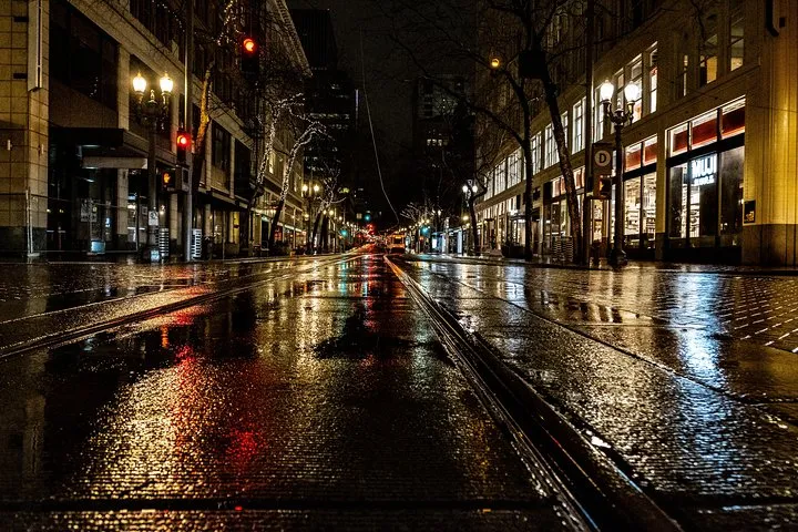 Portland, Oregon street on a rainy night