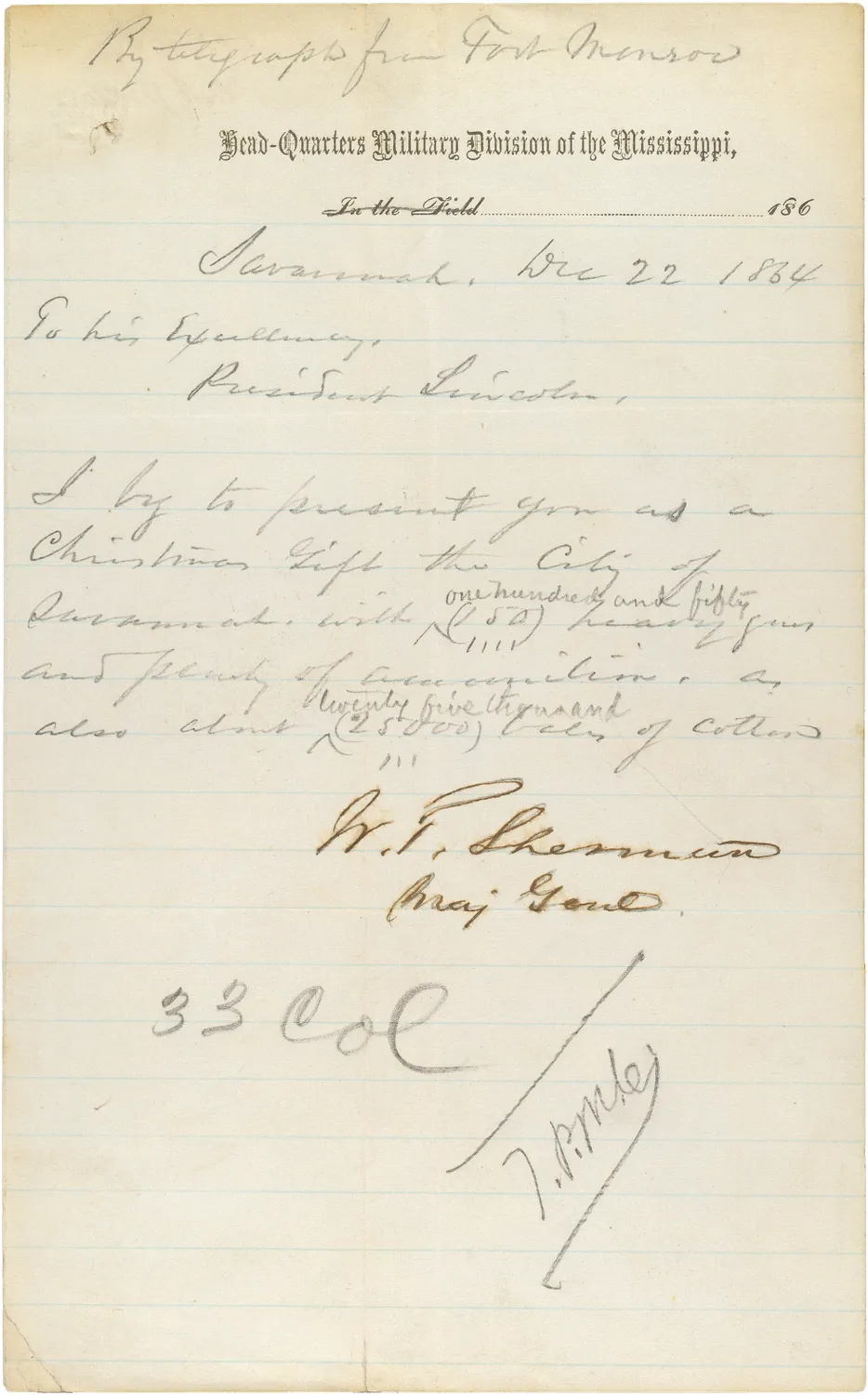 Telegram from General William T. Sherman to President Abraham Lincoln, December 1864