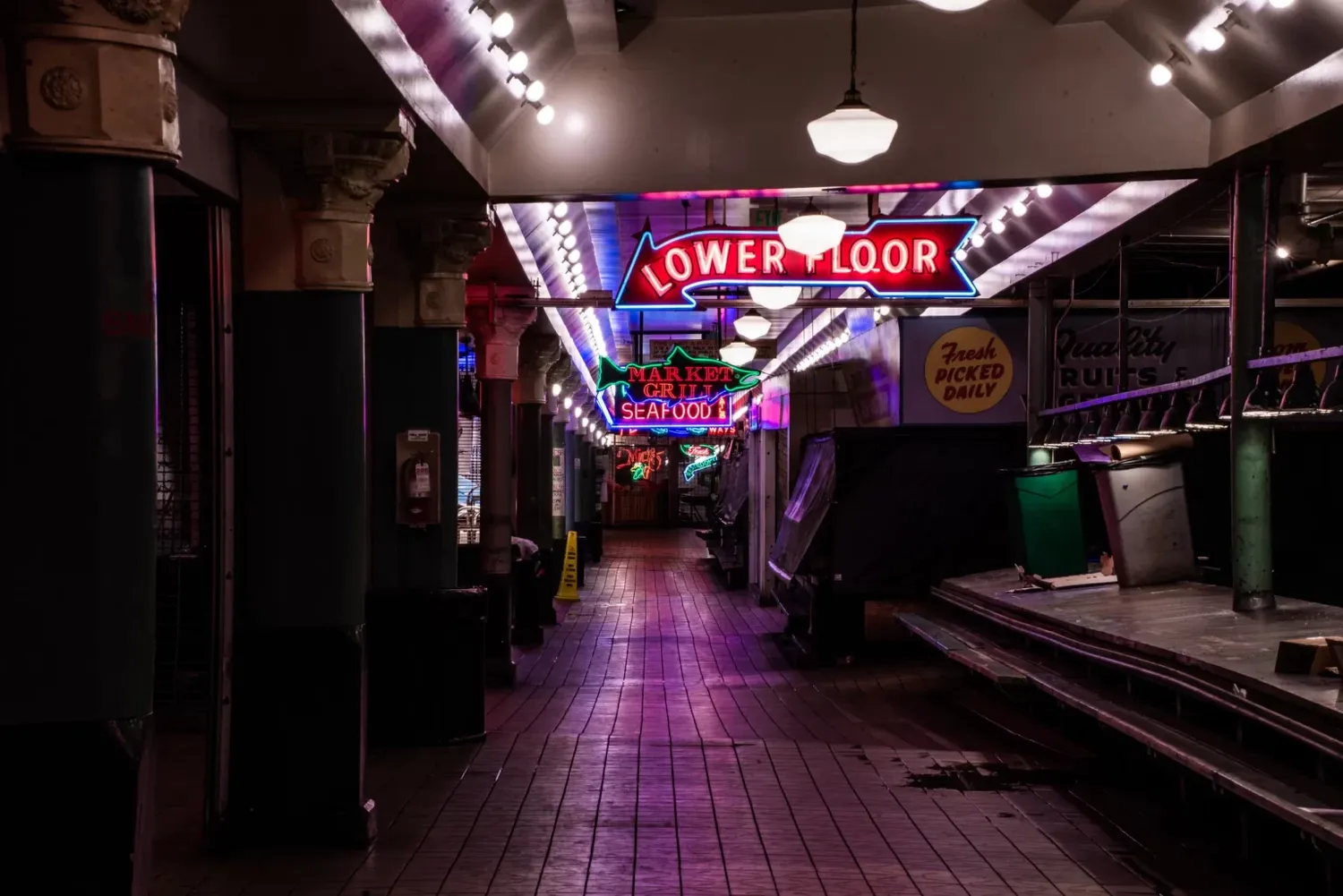 Pike Place Market main walkway at night