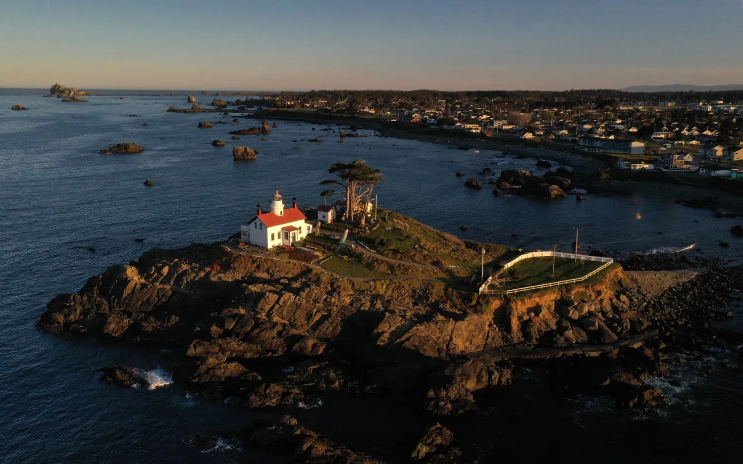 Aerial view of Battery Point Lighthouse, dusk