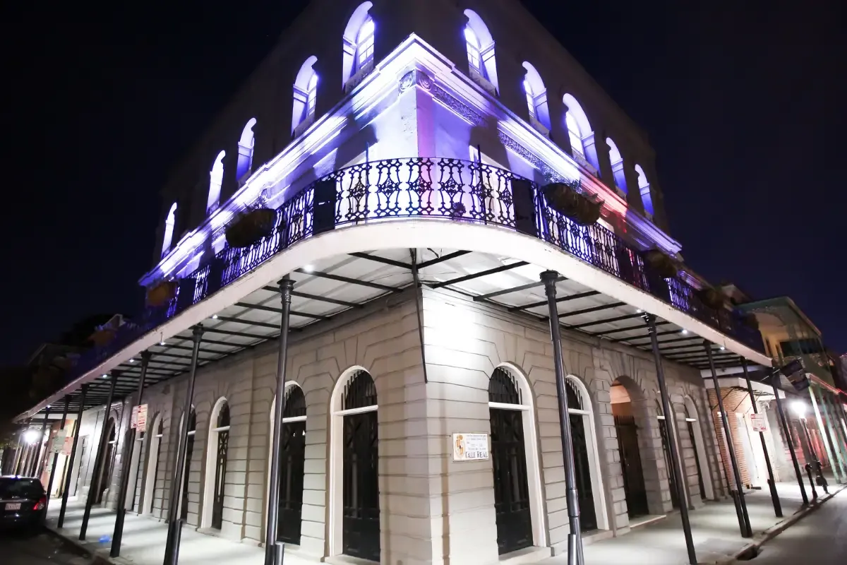 The LaLaurie Mansion lit up at night