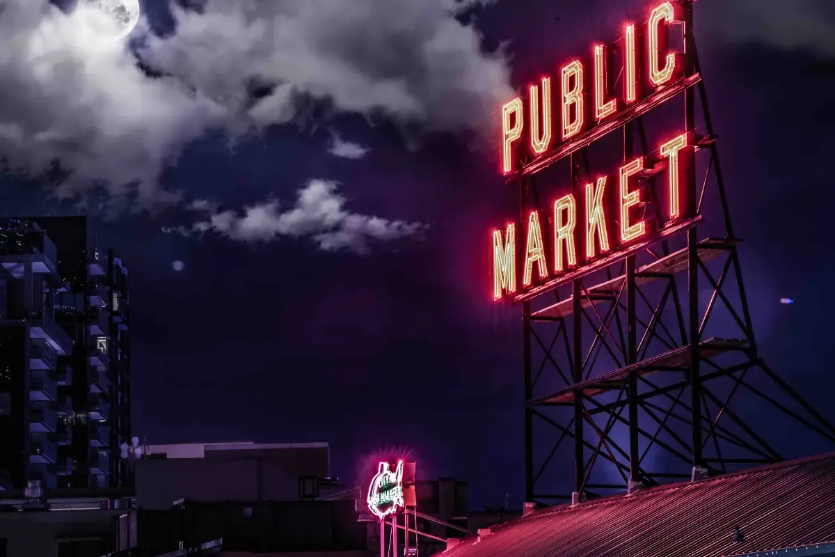 Pike Place Market sign at night