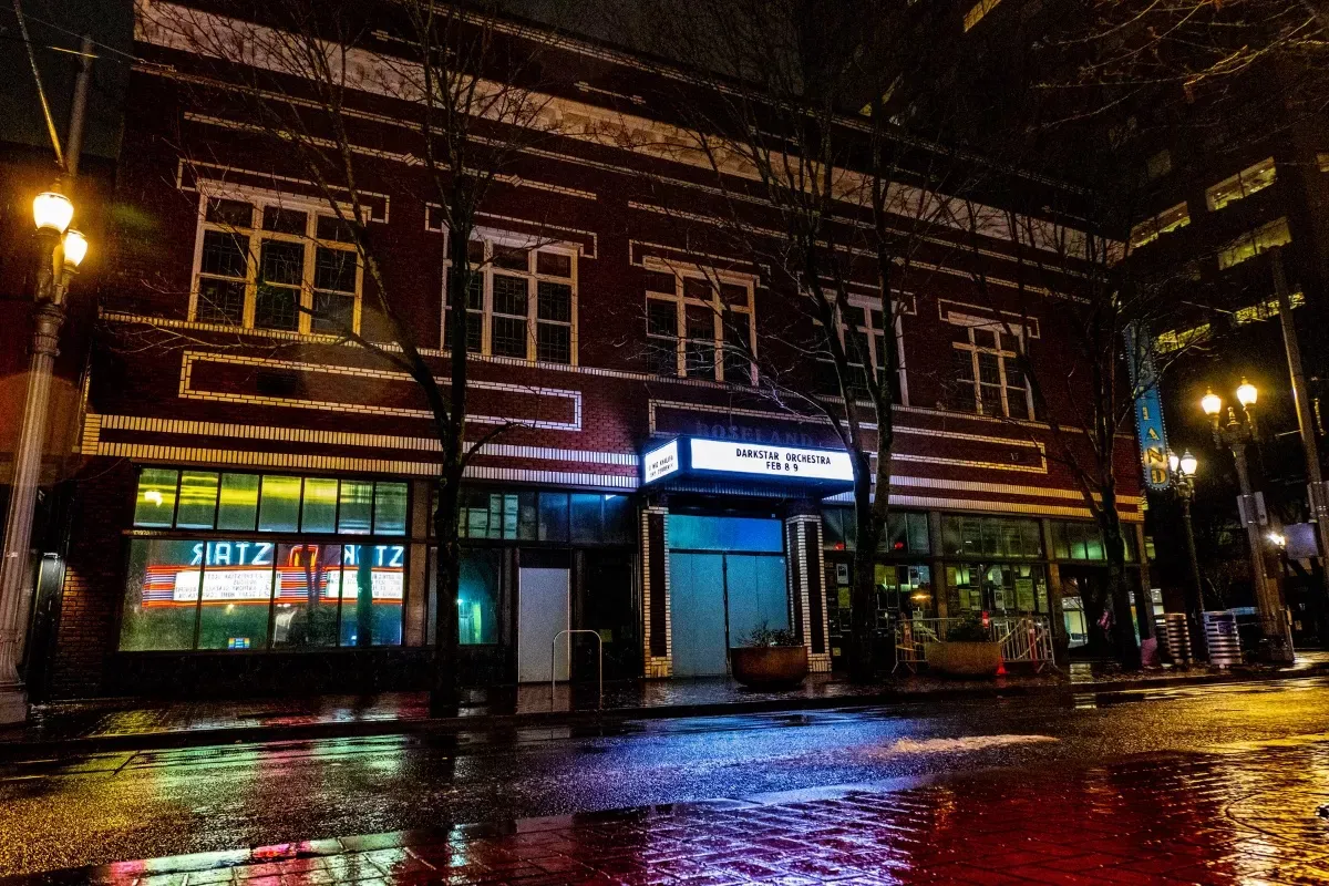 Roseland Theater exterior on a spooky night