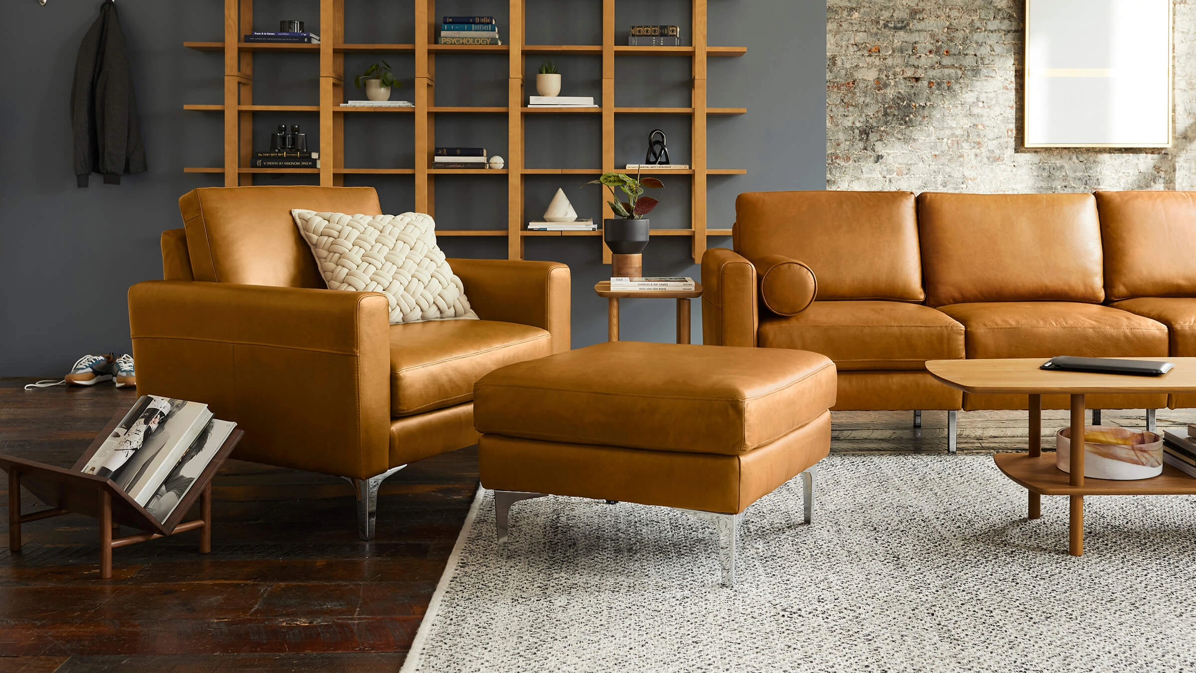 Camel leather store storage bench