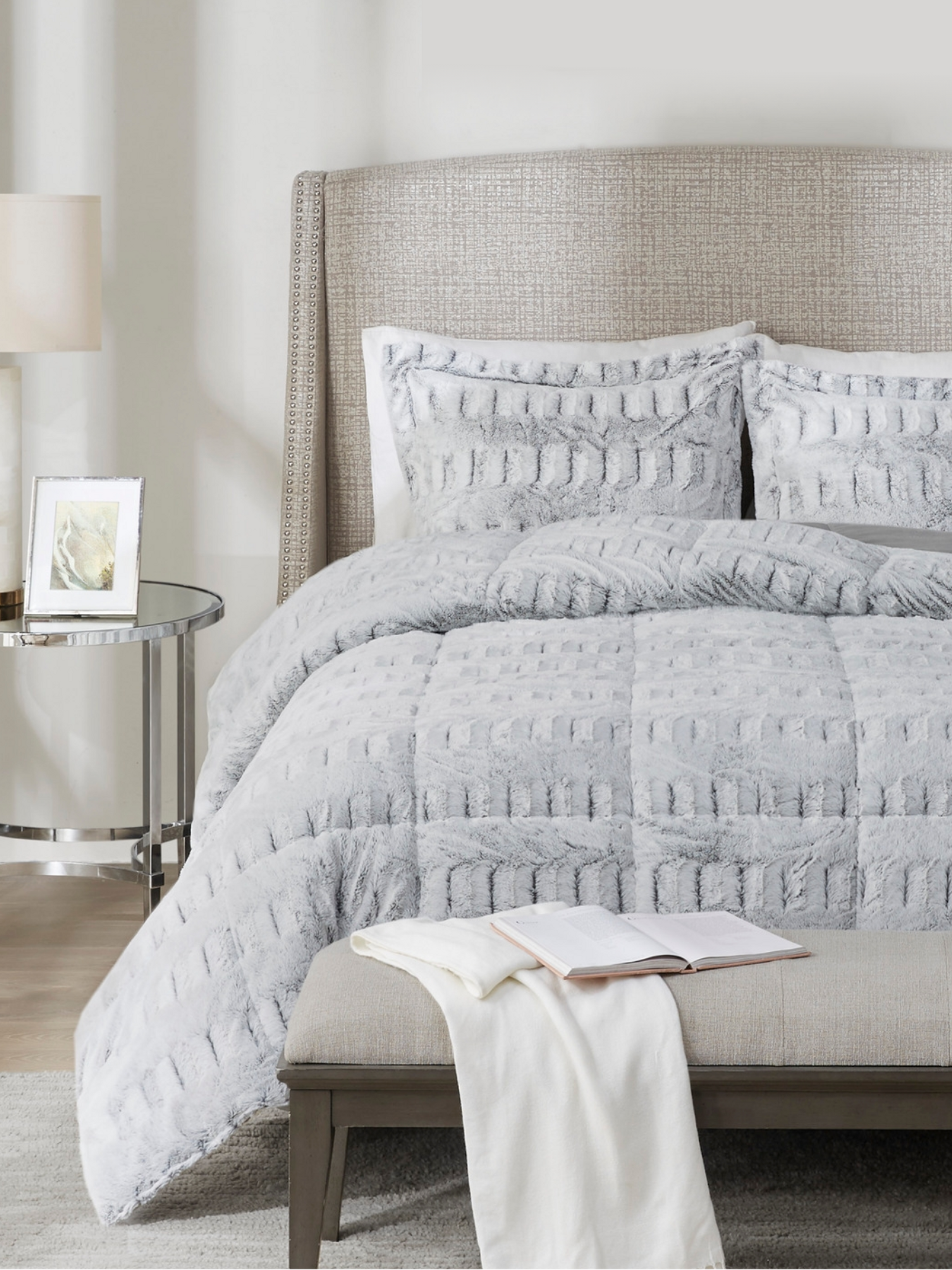 grey faux fur bedding