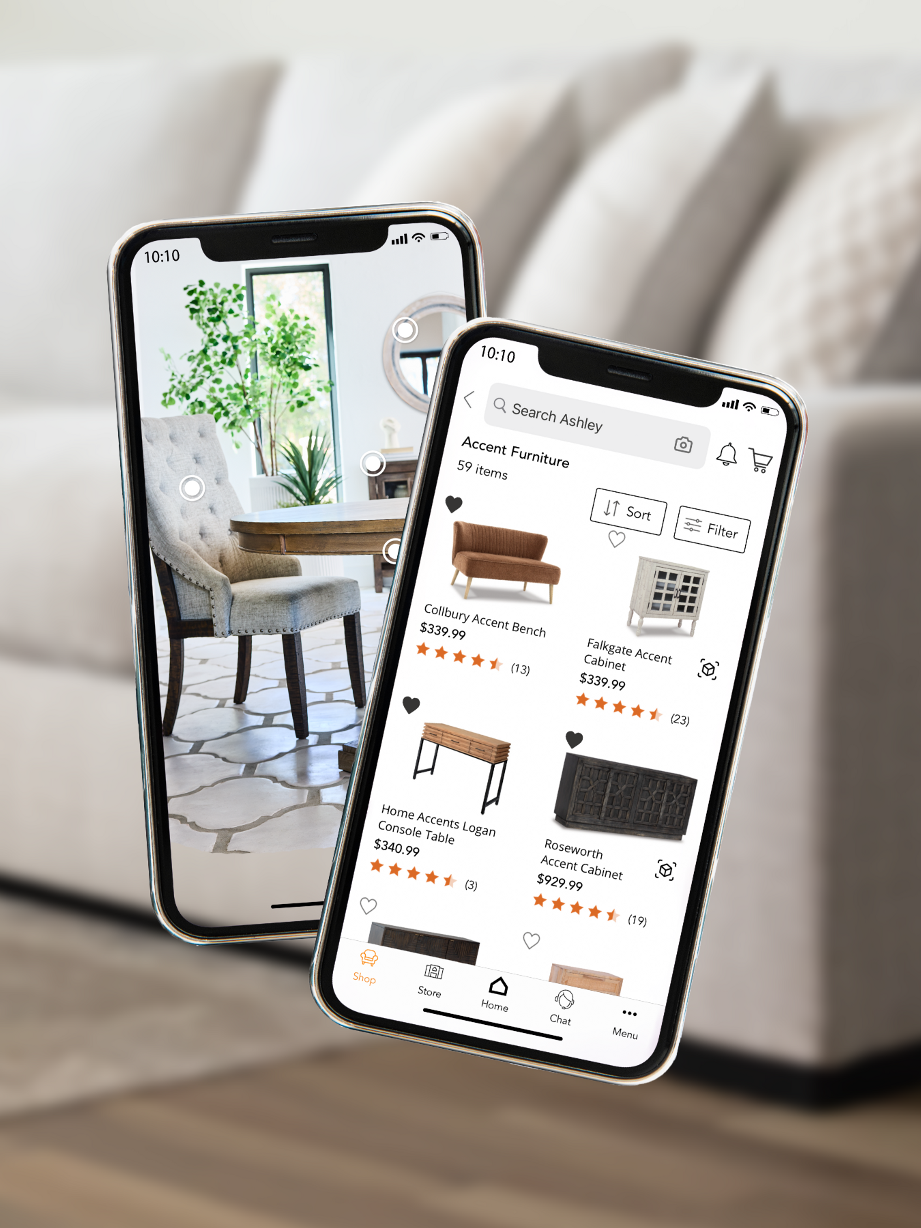 2 phones displaying ashley furniture app