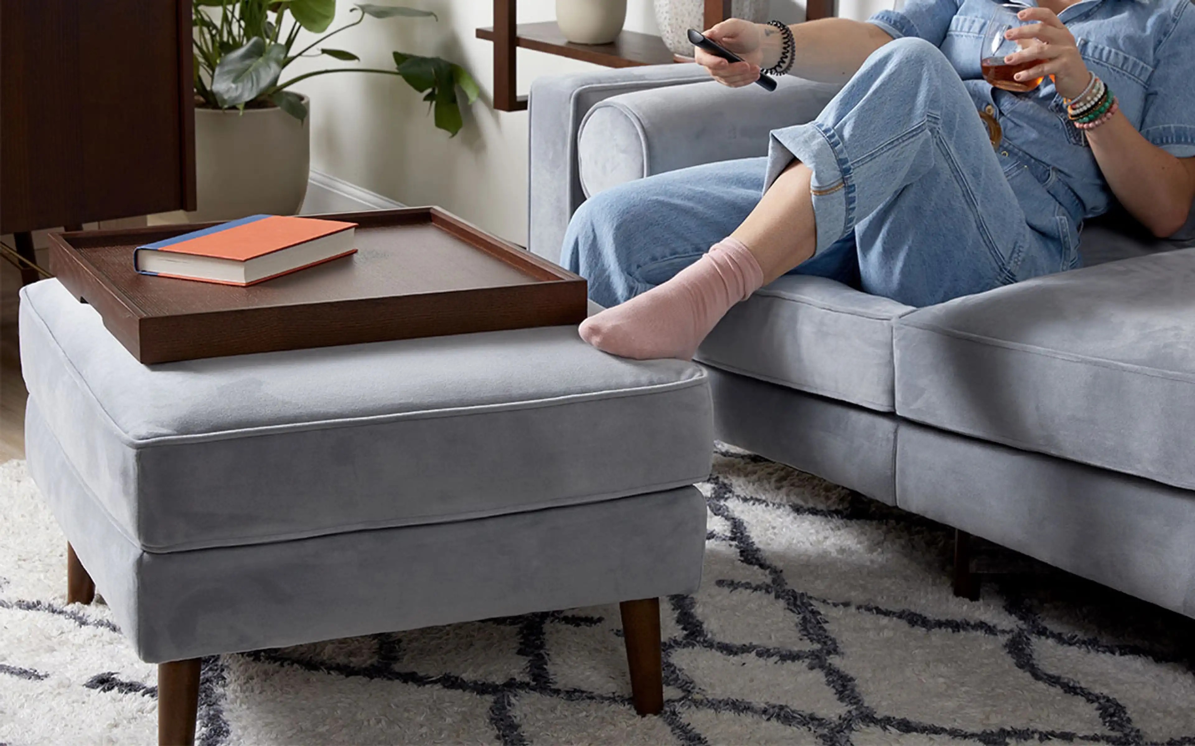 Original Nomad Loveseat with Ottoman in Ocean Velvet