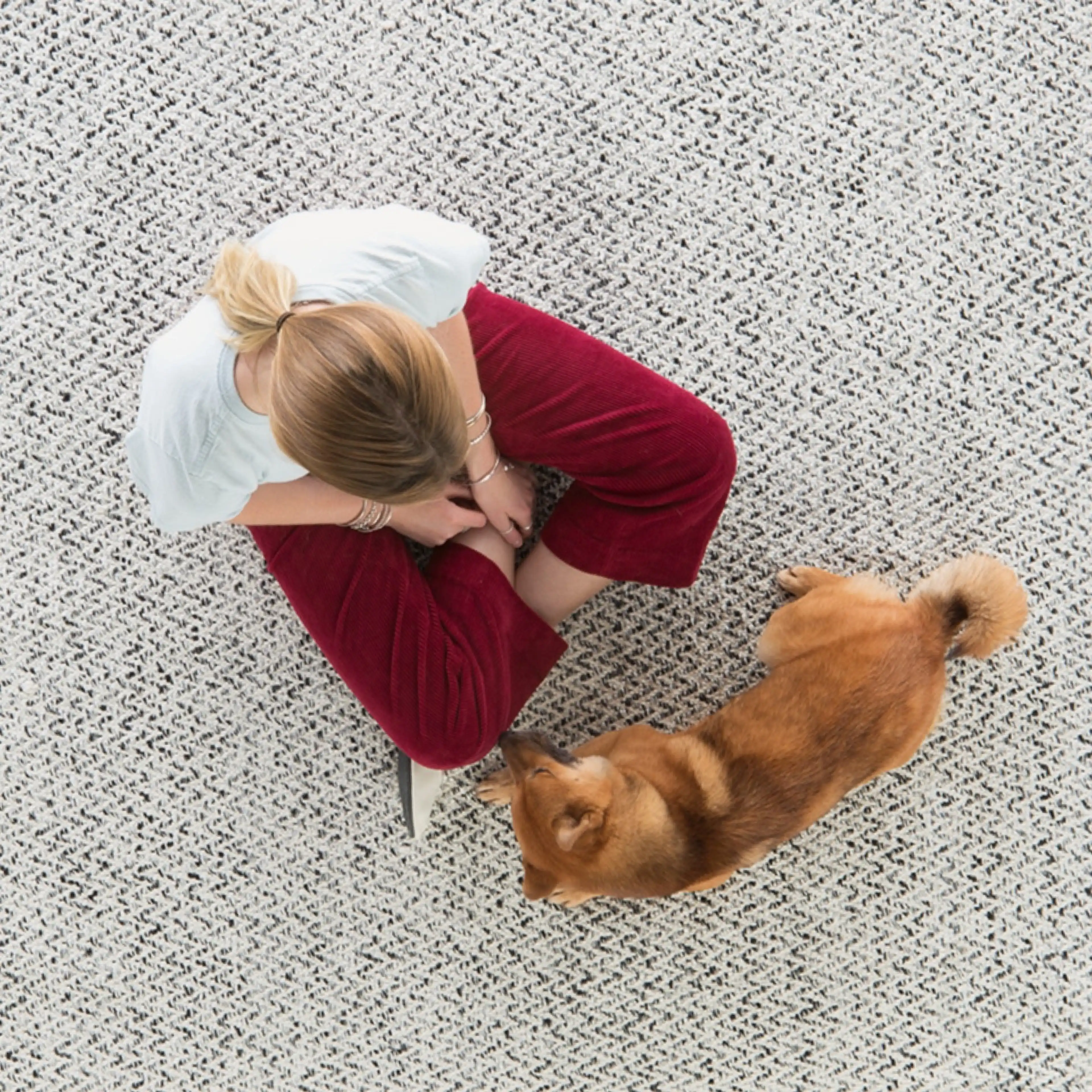 Woman sitting and playing with her dog