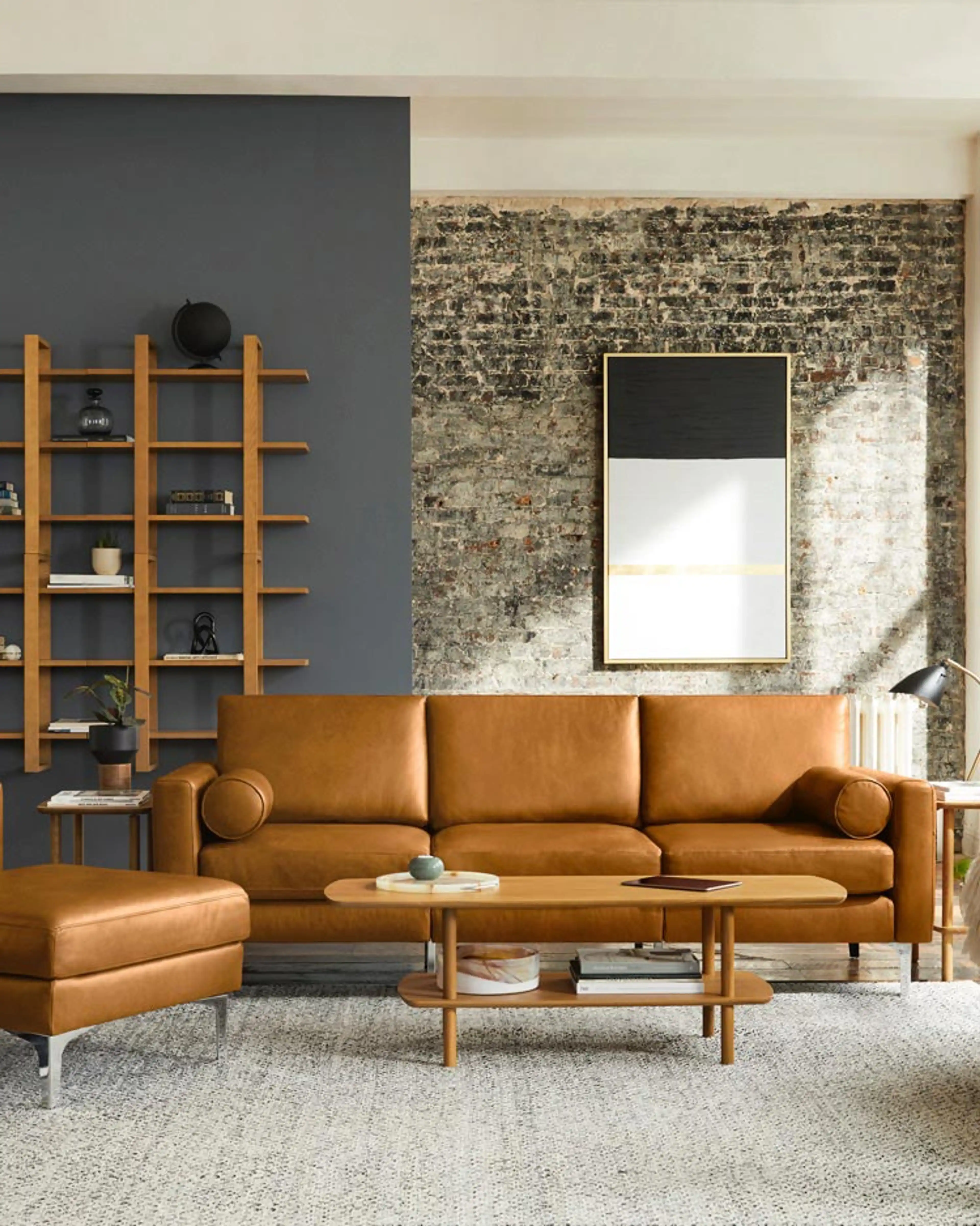 Mid-century living room with the Nomad Leather Sofa taking center stage