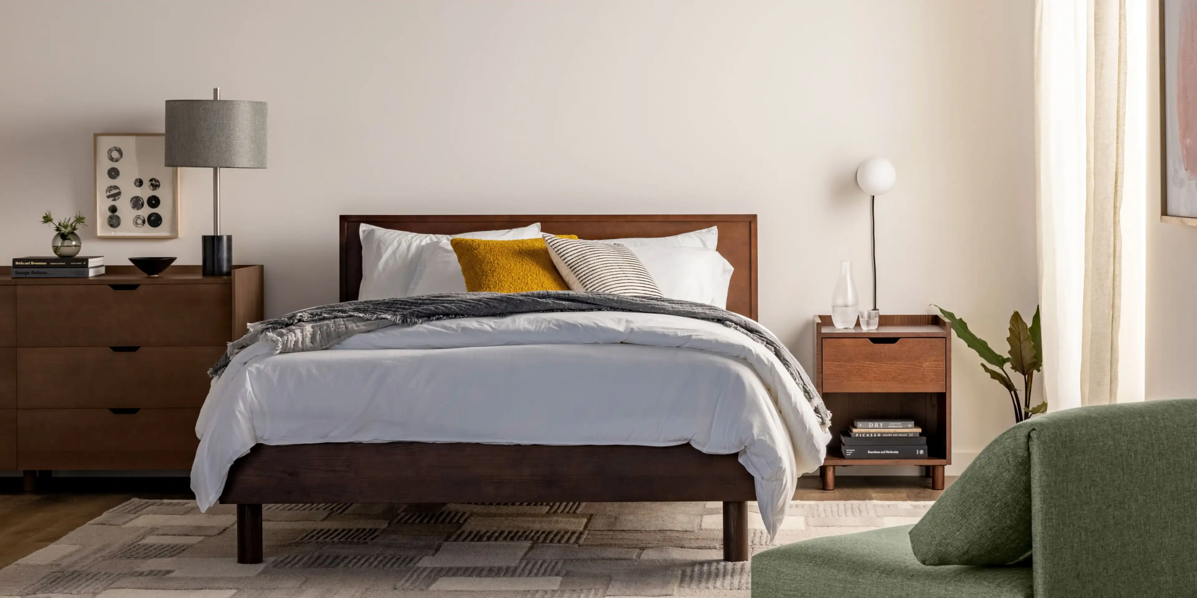 Bedroom with Chorus walnut headboard and walnut Prospect nightstand