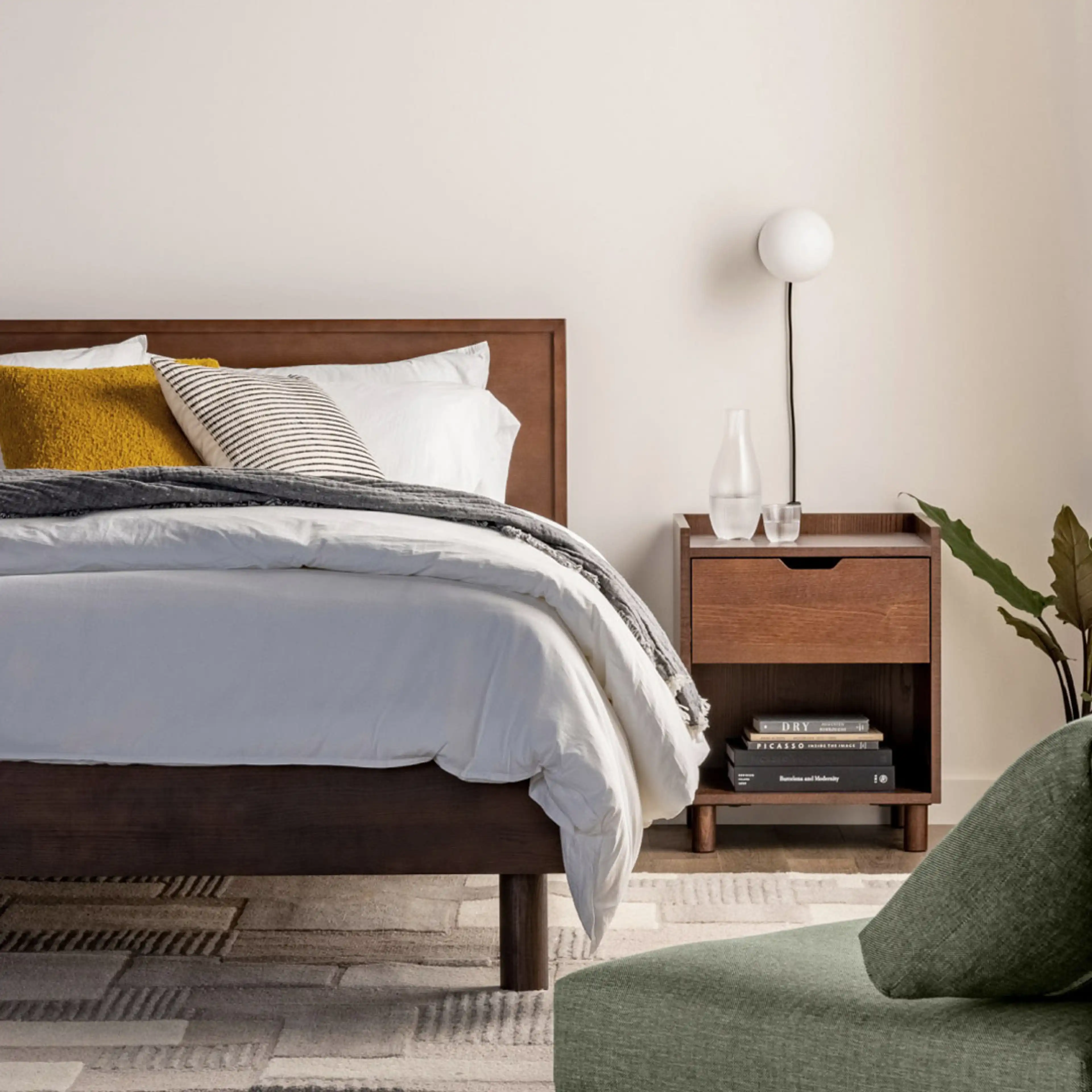 Bedroom with Chorus walnut headboard and walnut Prospect nightstand