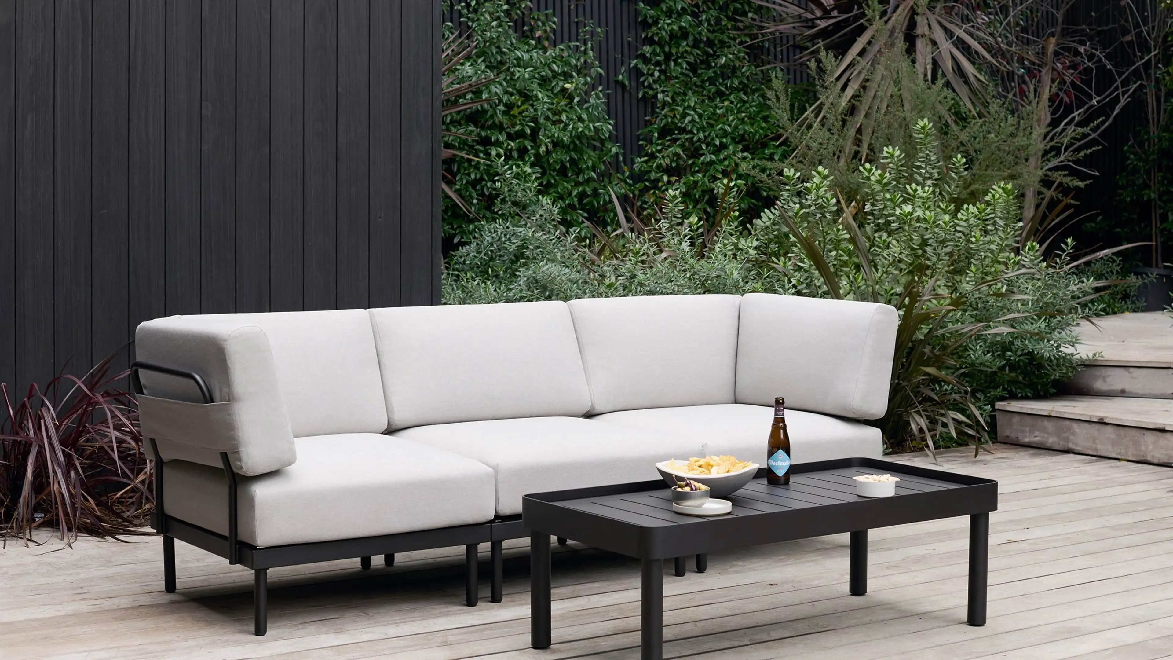 Relay Outdoor 4-Piece Armless Sectional, Chair, & Coffee Table Set