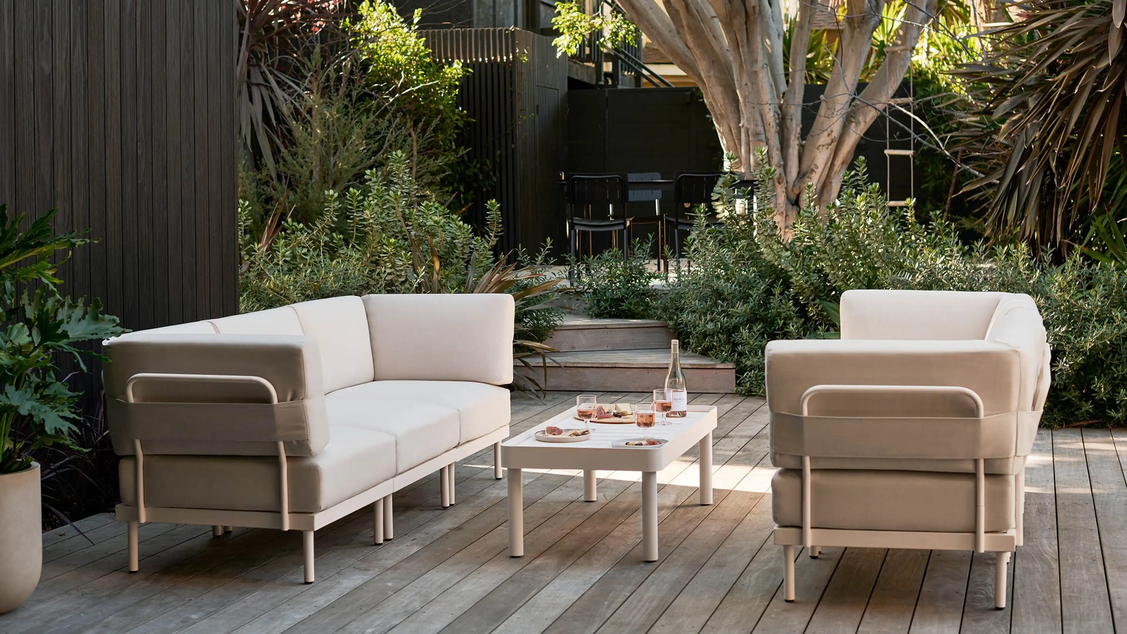 Two Relay Outdoor 3 Piece Armless Sofas Coffee Table Set Burrow