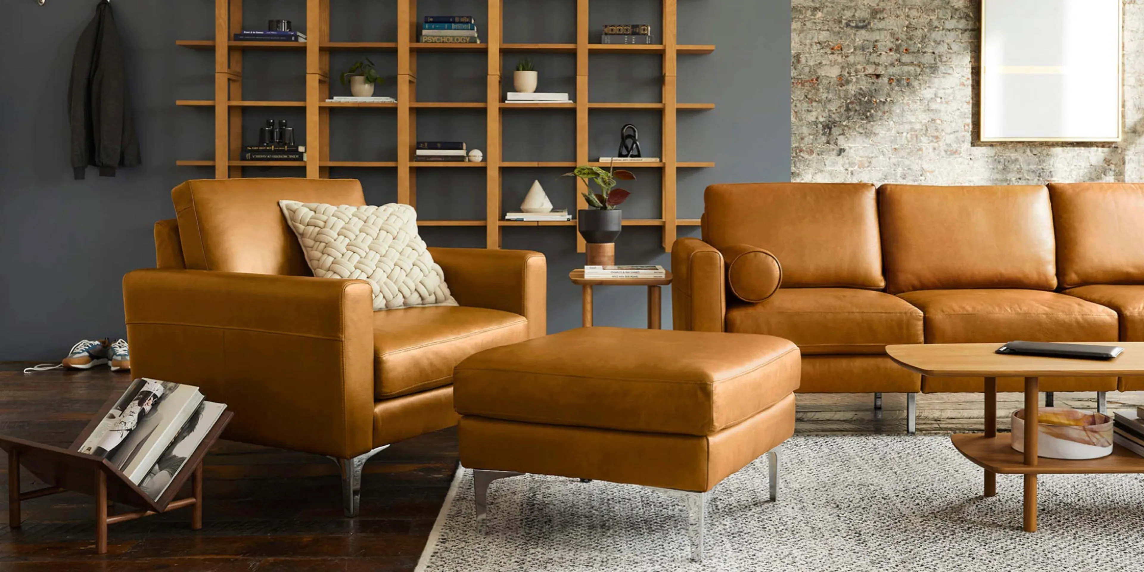 Mid-century living room with the Nomad Leather Sofa taking center stage