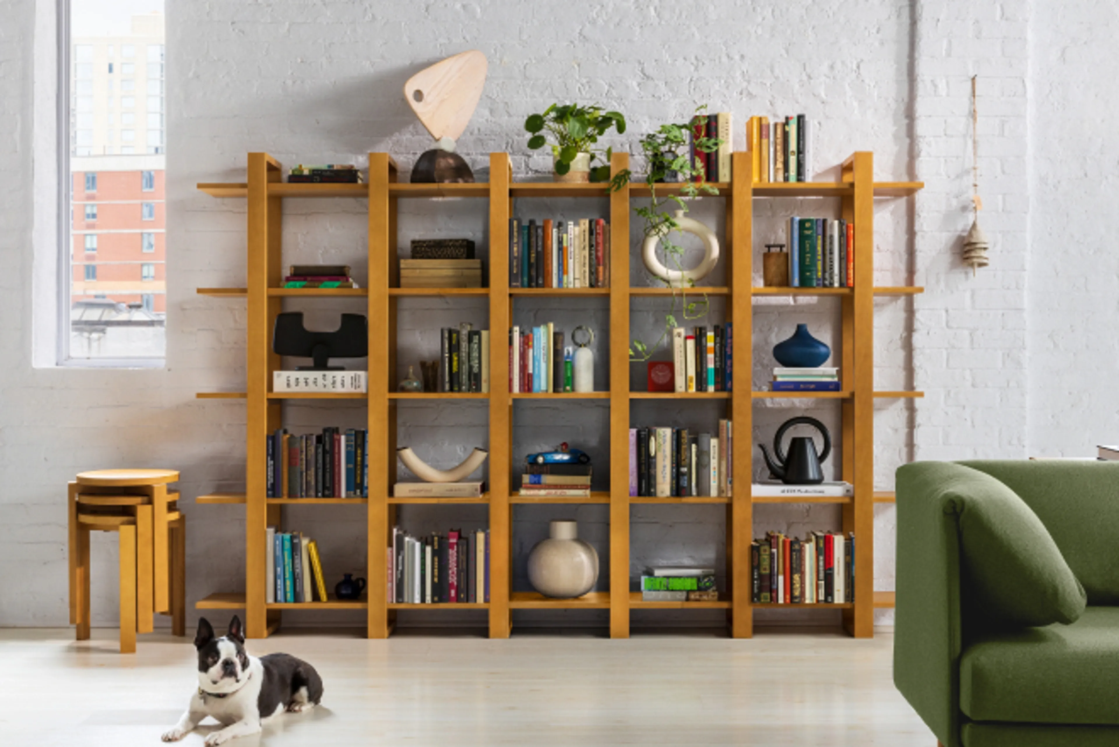 Triple Index Bookshelves in industrial living room setting
