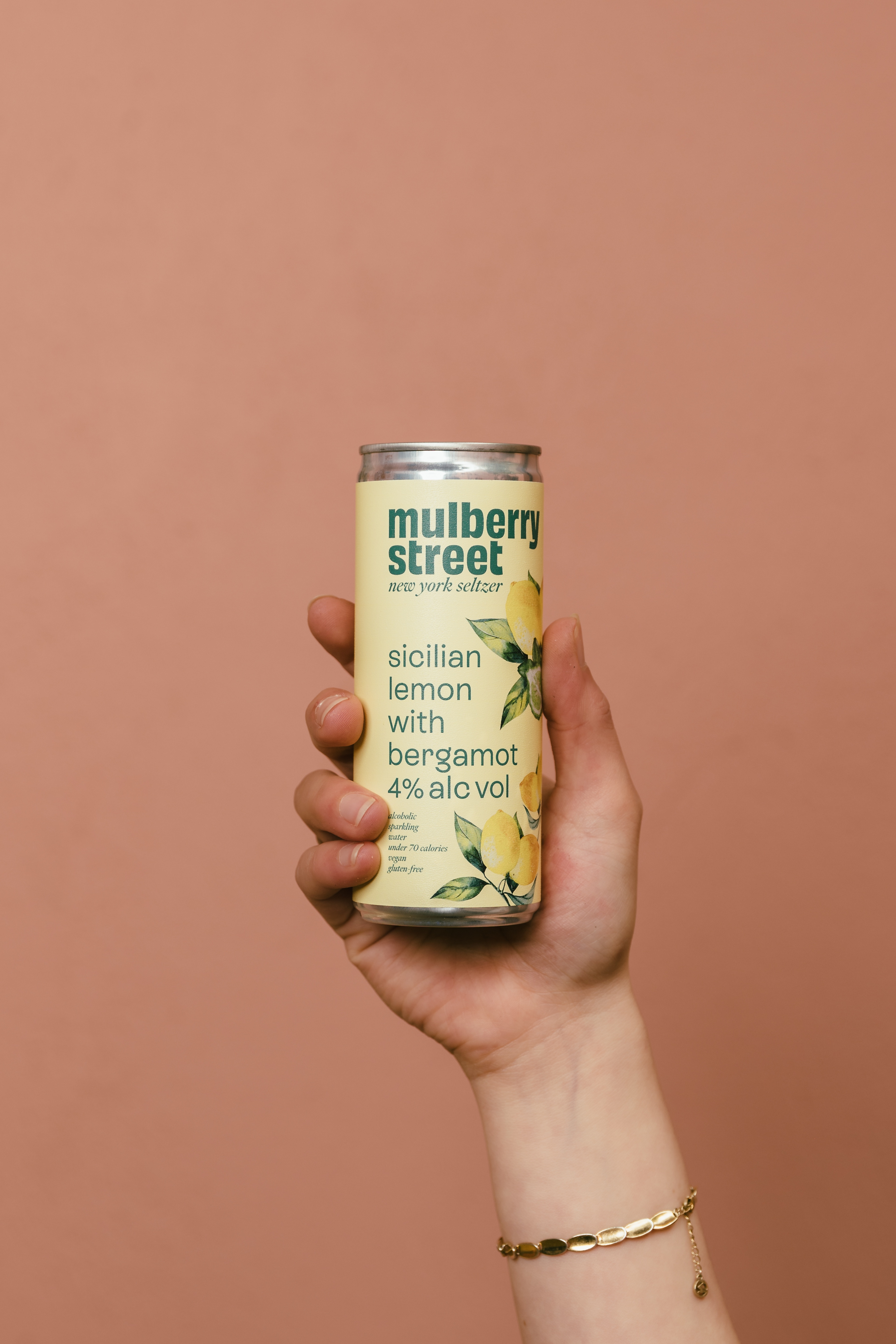 A hand holding a can of Mulberry Street Lemon Seltzer
