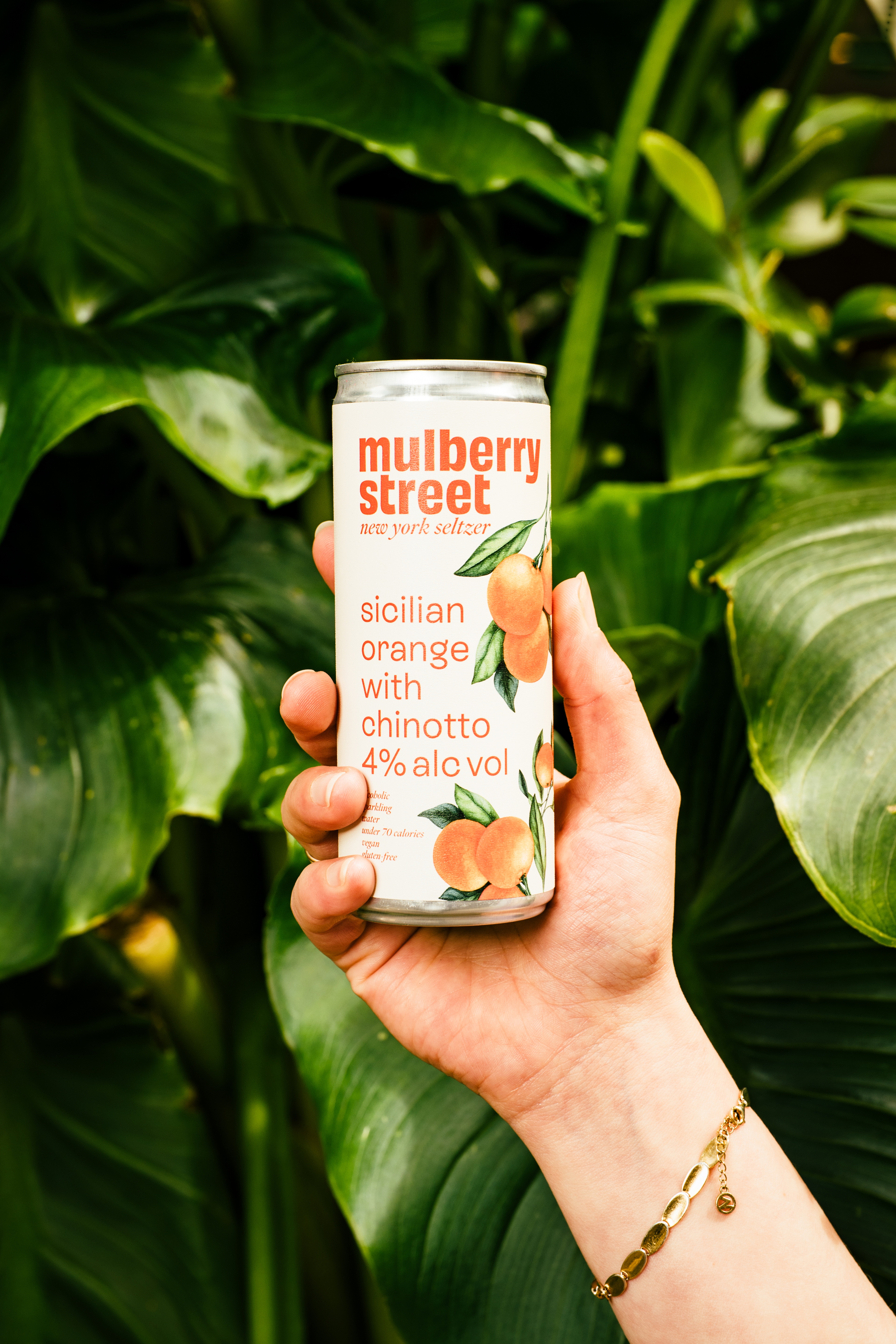 A hand holding a can of Mulberry Street Orange Seltzer