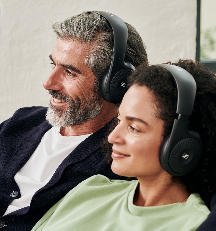 couple with Sennheiser RS 120-W On-Ear Wireless Headphones