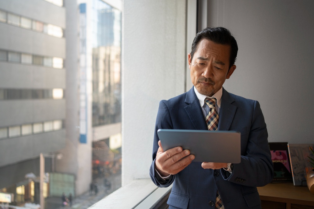 Front view of businessman holding tablet