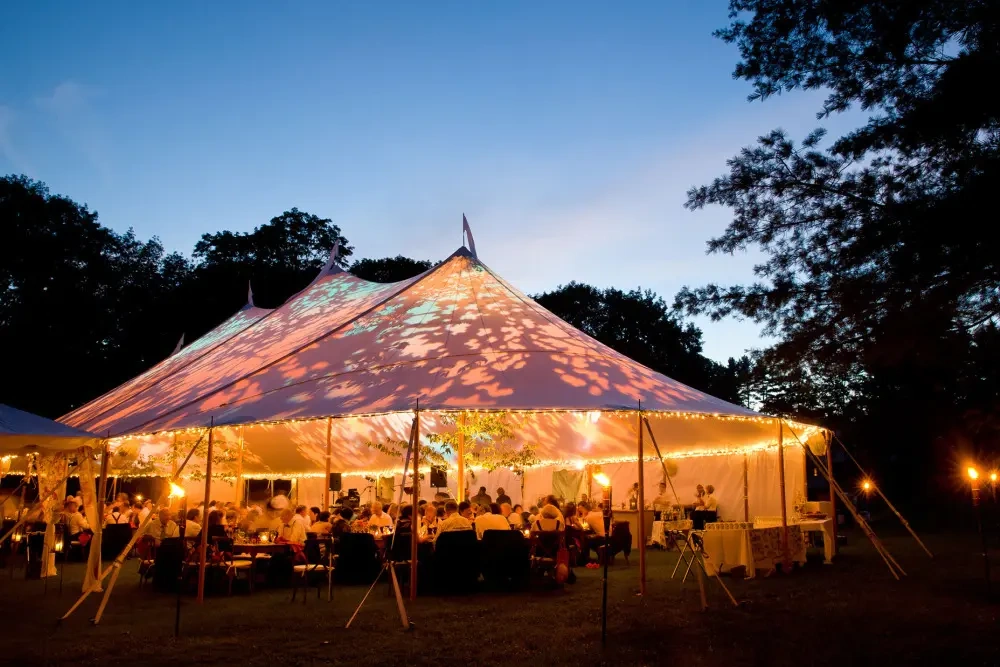 Nighttime wedding venue.