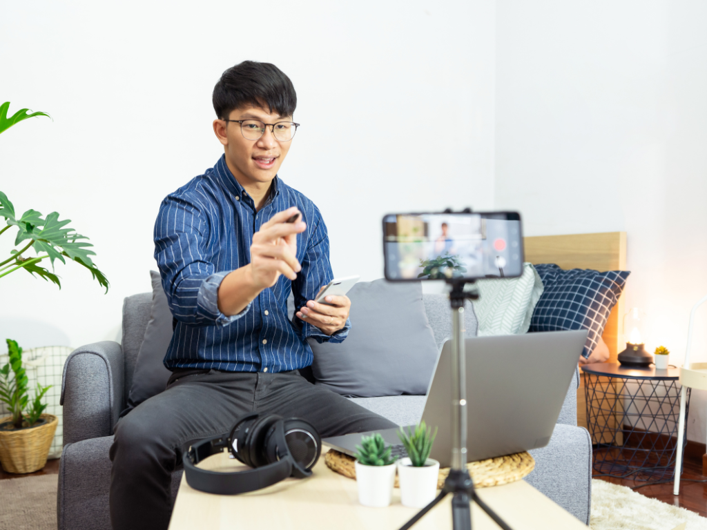 man practising for his upcoming interview at home