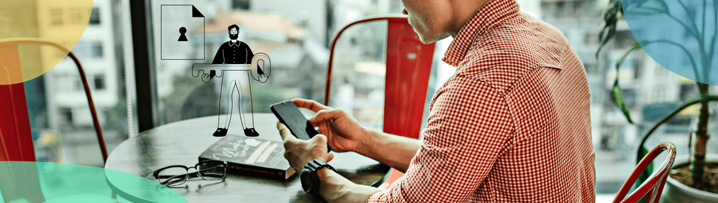 A person holding a smartphone and icons of a locked padlock and a man with a key