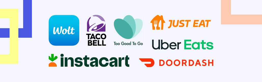 Logos of online delivery services: Wolt, Taco Bell, To Good To Go, Just Eat, Uber Eats, Instacart, Doordash