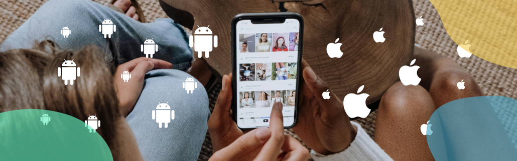 A person scrolling a phone and logos of Android and Apple floating around the screen
