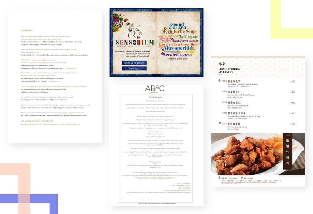 Menus of different restaurants - Waterdeep Inn, The Fat Duck, ABaC and Forum