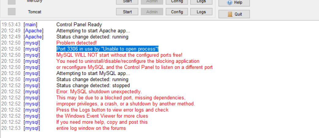 Port 3306 is in use by "Unable to open process"!