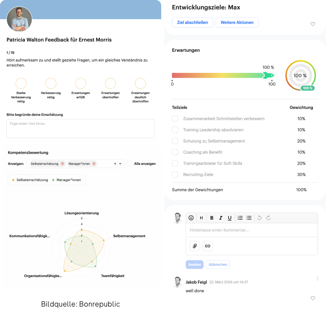 Drei Screenshots von Bonrepublic: Fragebogen, Entwicklungsziele und Kompetenzbewertung als Netzdiagramm