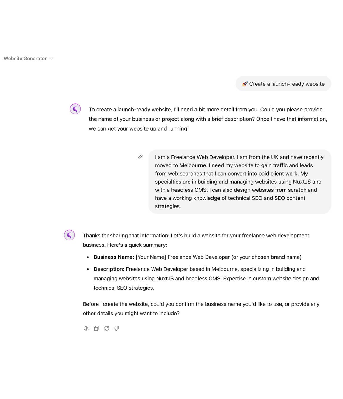 A screenshot of the ChatGPT chat for creating Jack Christian's website in ChatGPT