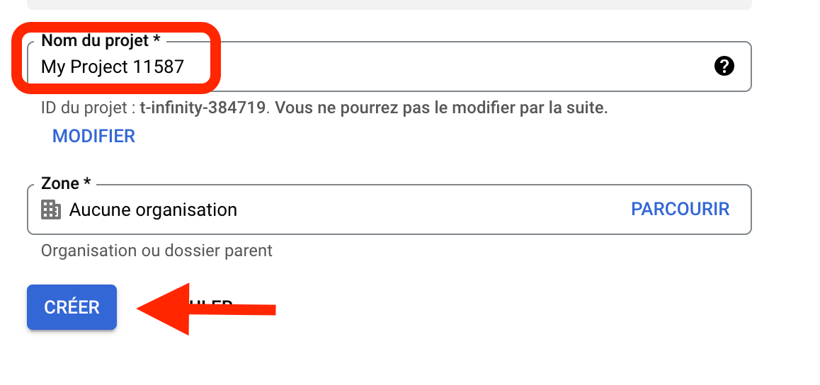 renseignez les informations sur le creation de projet dans google api