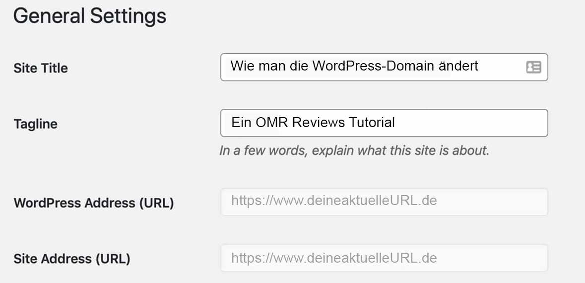 WordPress Einstellungen: Domain-Einstellung ausgegraut.