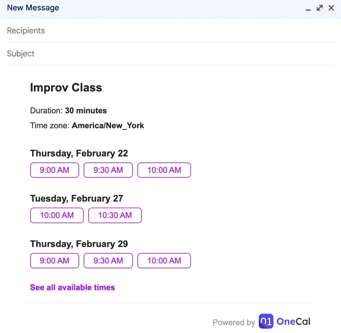 Example of how to copy availability via email using OneCal