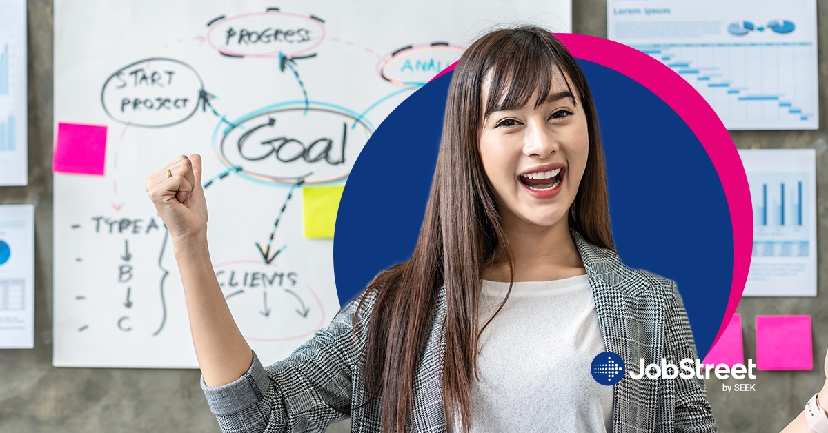 A girl standing in front of a whiteboard, illustrating and explaining goals