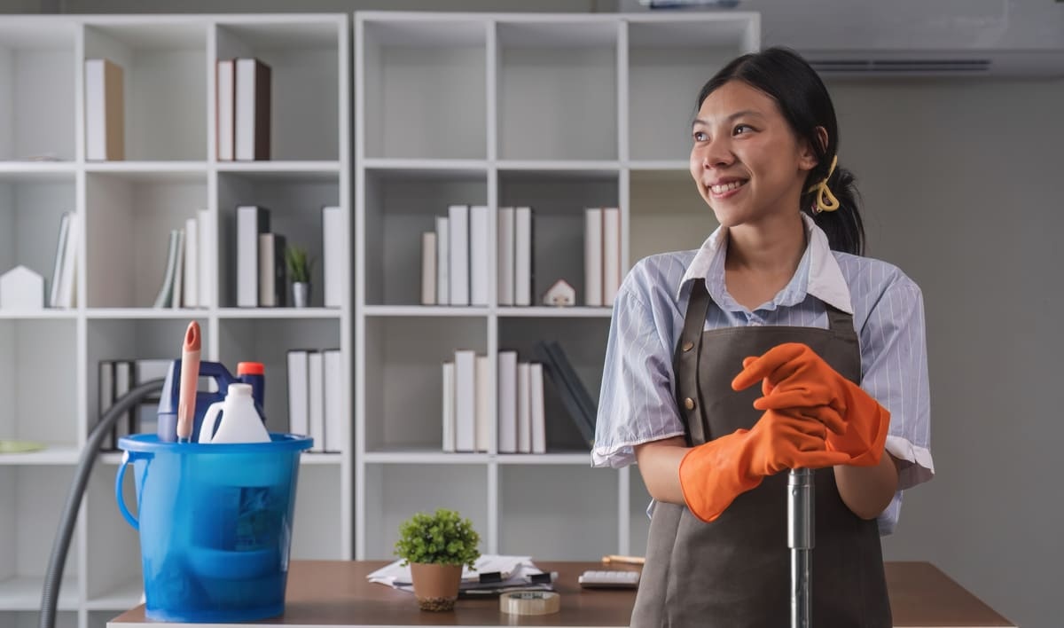 Seorang housekeeper wanita tampak bahagia ketika bekerja.