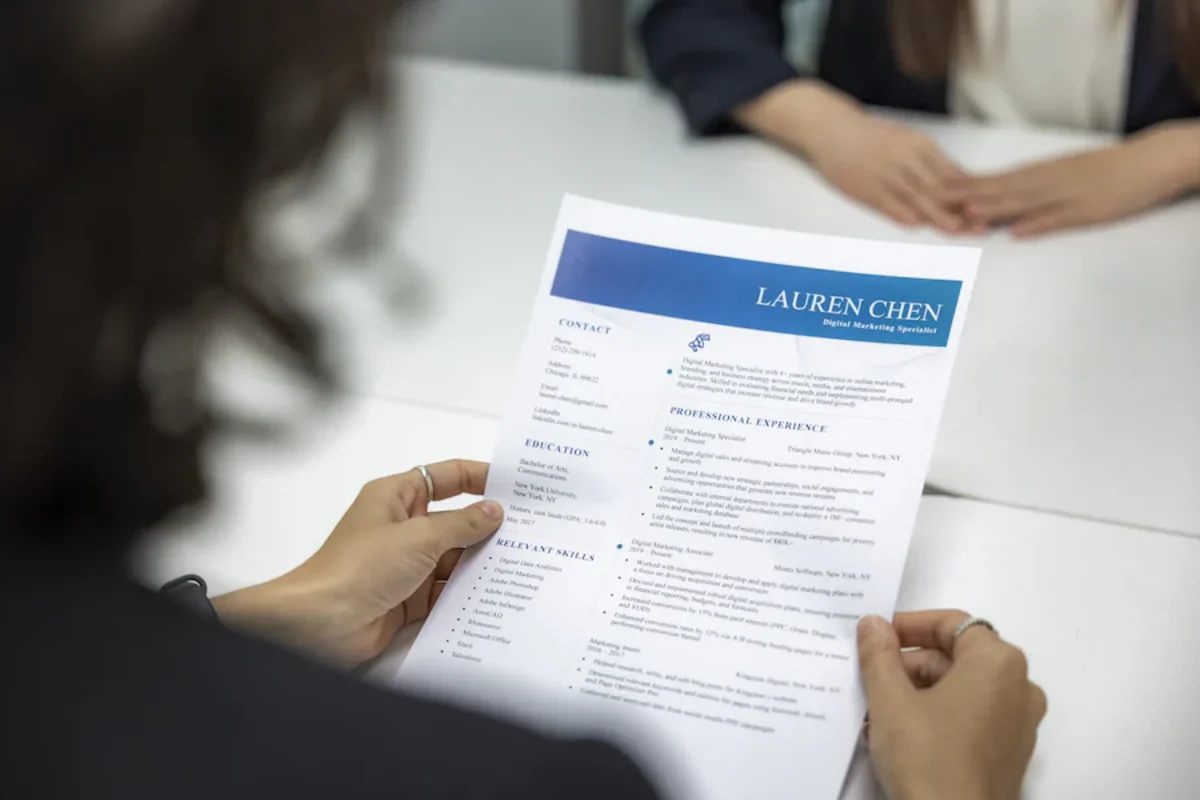 Seorang HRD sedang memeriksa bab keahlian dalam CV pelamar kerja.