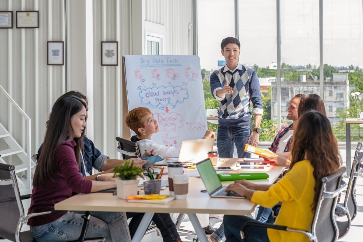 Suasana diskusi di tempat kerja yang terlihat cair karena setiap karyawan memiliki growth mindset. (Sumber: Envato)